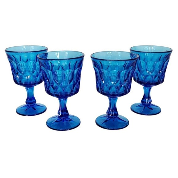 Vintage MCM Noritake Perspective Blue Glass Footed Wine Water Juice Four Goblets - Picture 11 of 11